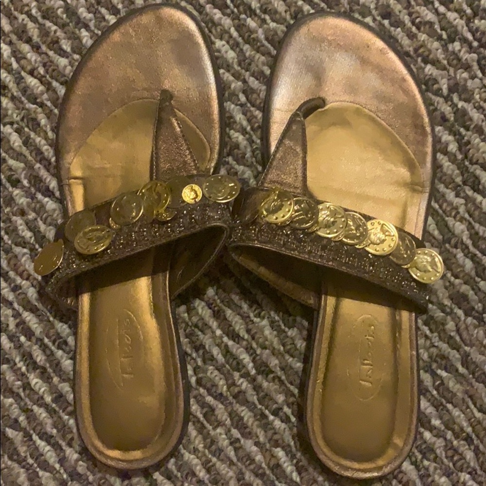 talbots brown and gold coin sandals